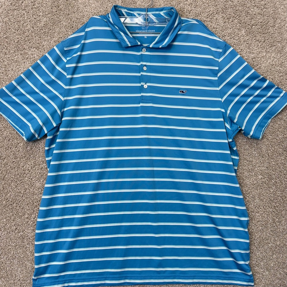 Vineyard Vines Polo Shirt Mens XL Performance Blue Striped EUC